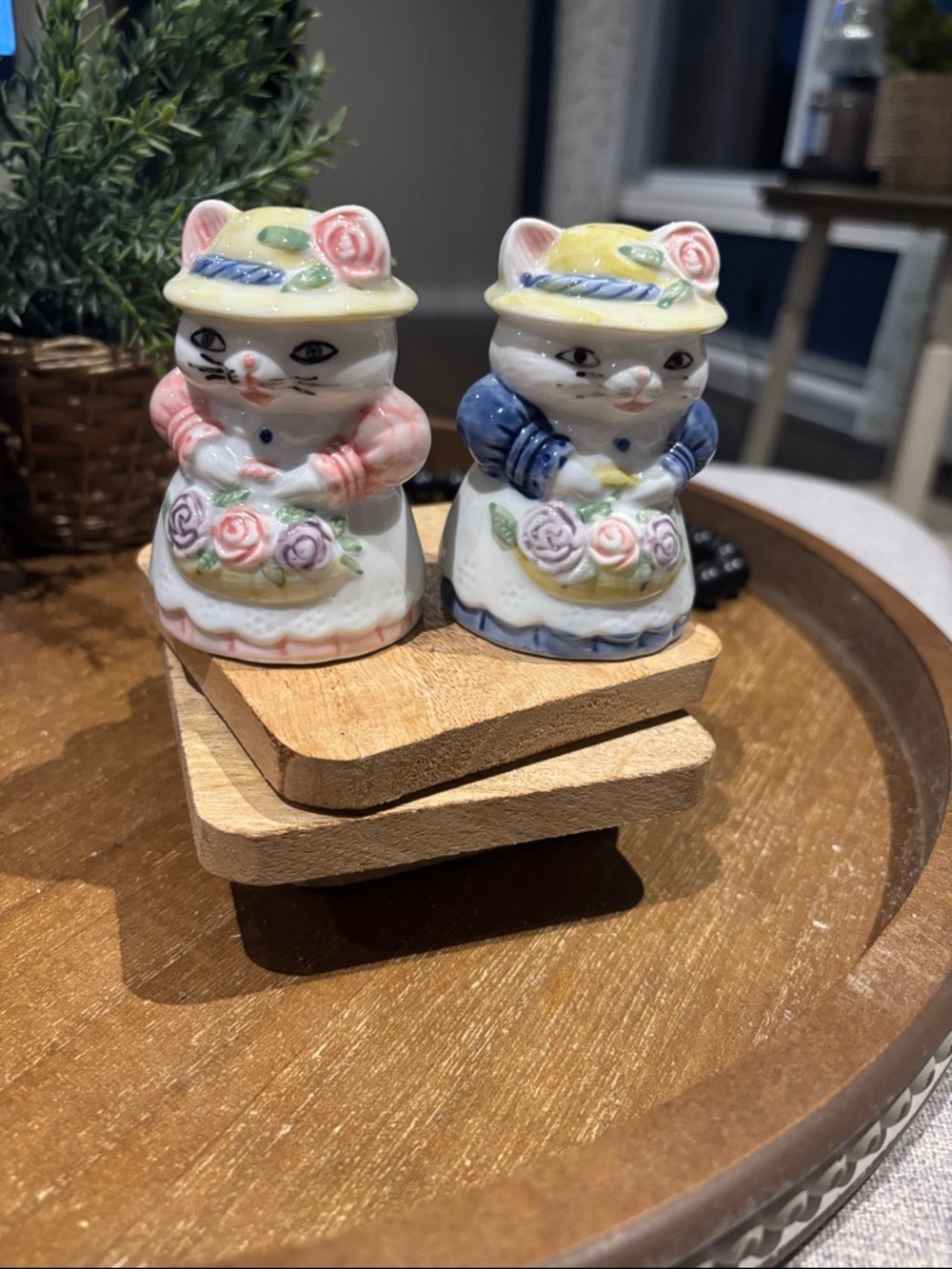 Vintage Ceramic Cat Salt and Pepper Shaker Set - Pastel Pink & Blue